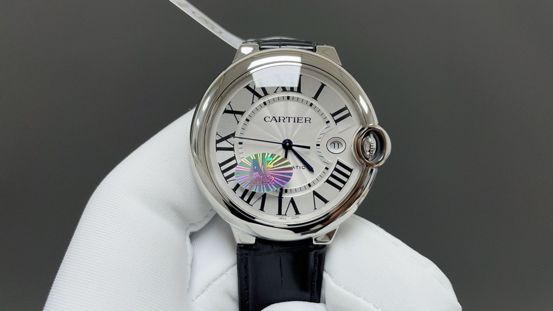 Cartier Ballon Bleu 42mm Silver Dial, Black Leather Strap (WSBB0026)