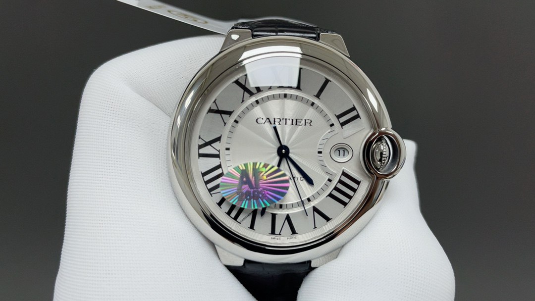 Cartier Ballon Bleu 42mm Silver Dial, Black Leather Strap (WSBB0026)